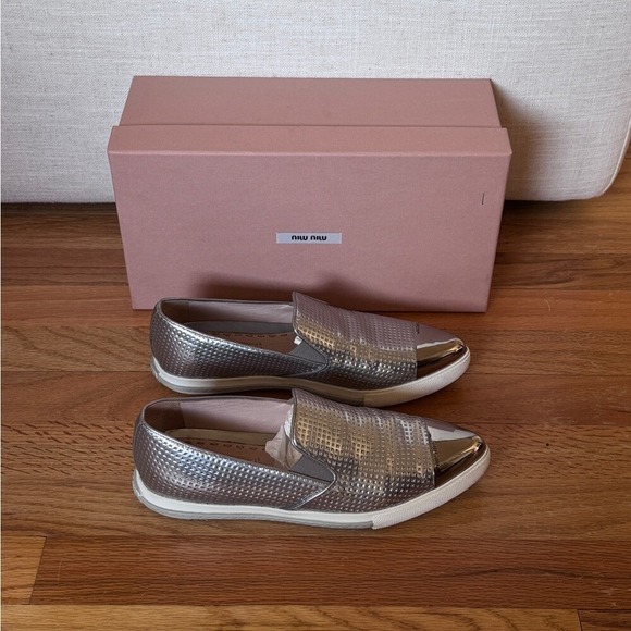 Miu Miu Silver Leather Loafers Size 37 - Picture 1 of 7